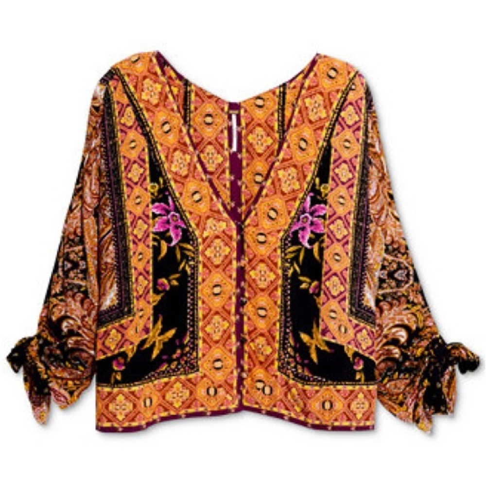 Free People Catch Me If You Can Top M Dark Combo Tie Sleeve NWT - Picture 2 of 15